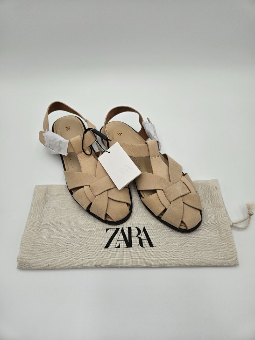 NWT + Dust Bag ZARA Leather Cage Fisherman Sandals | Sandy Brown | Size 7.5 - Picture 7 of 12